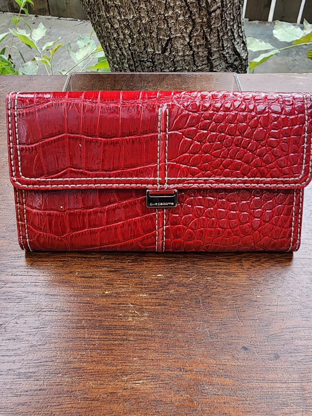 Liz Claiborne Red Crocodile Embossed Faux Leather Flap Wallet Clutch